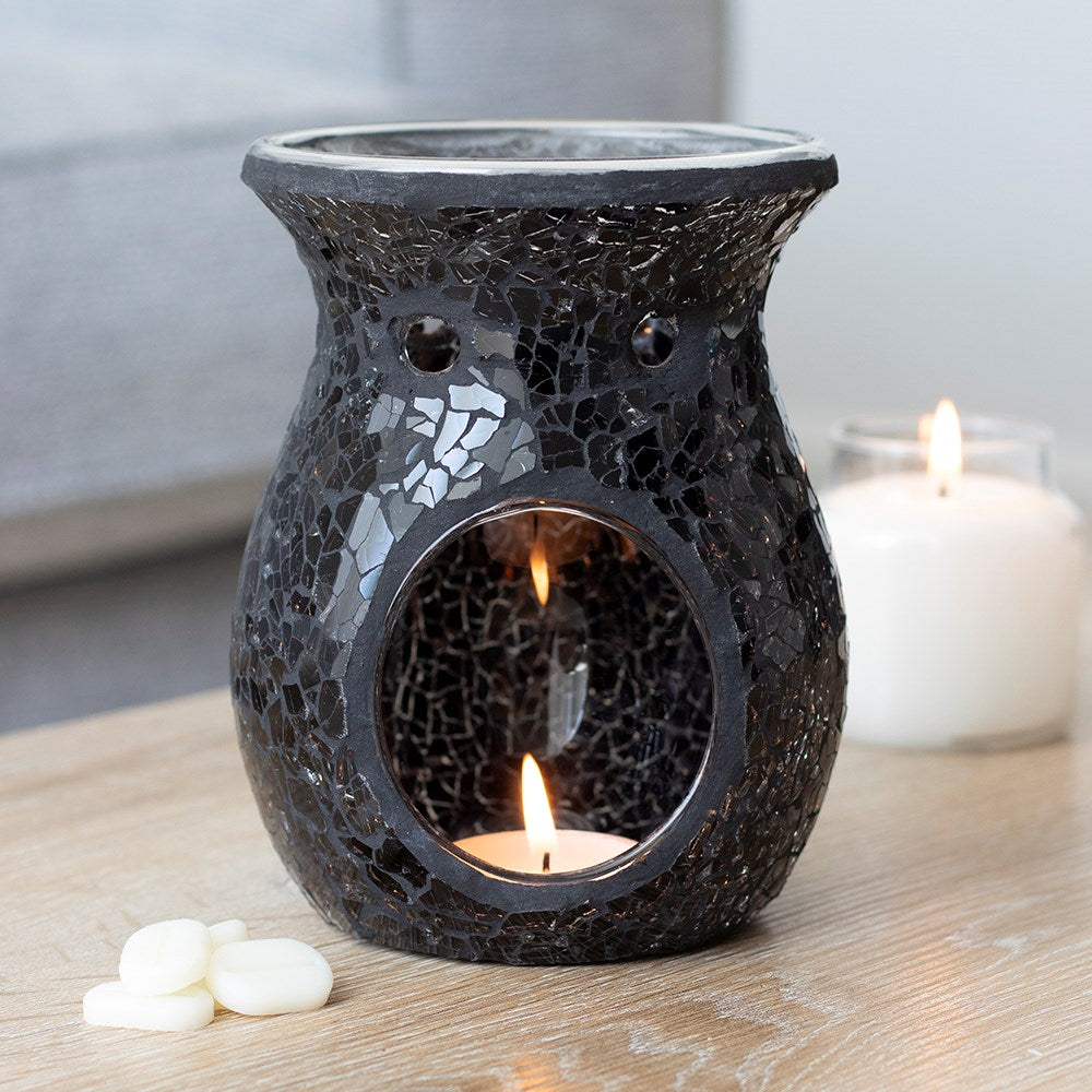 Large Black Mirrored Crackle Effect Ceramic Oil Burner Wax Melter