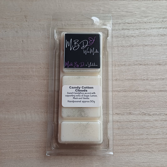 Packaged Candy Cotton Clouds Wax Melt Snap Bar on a wooden background
