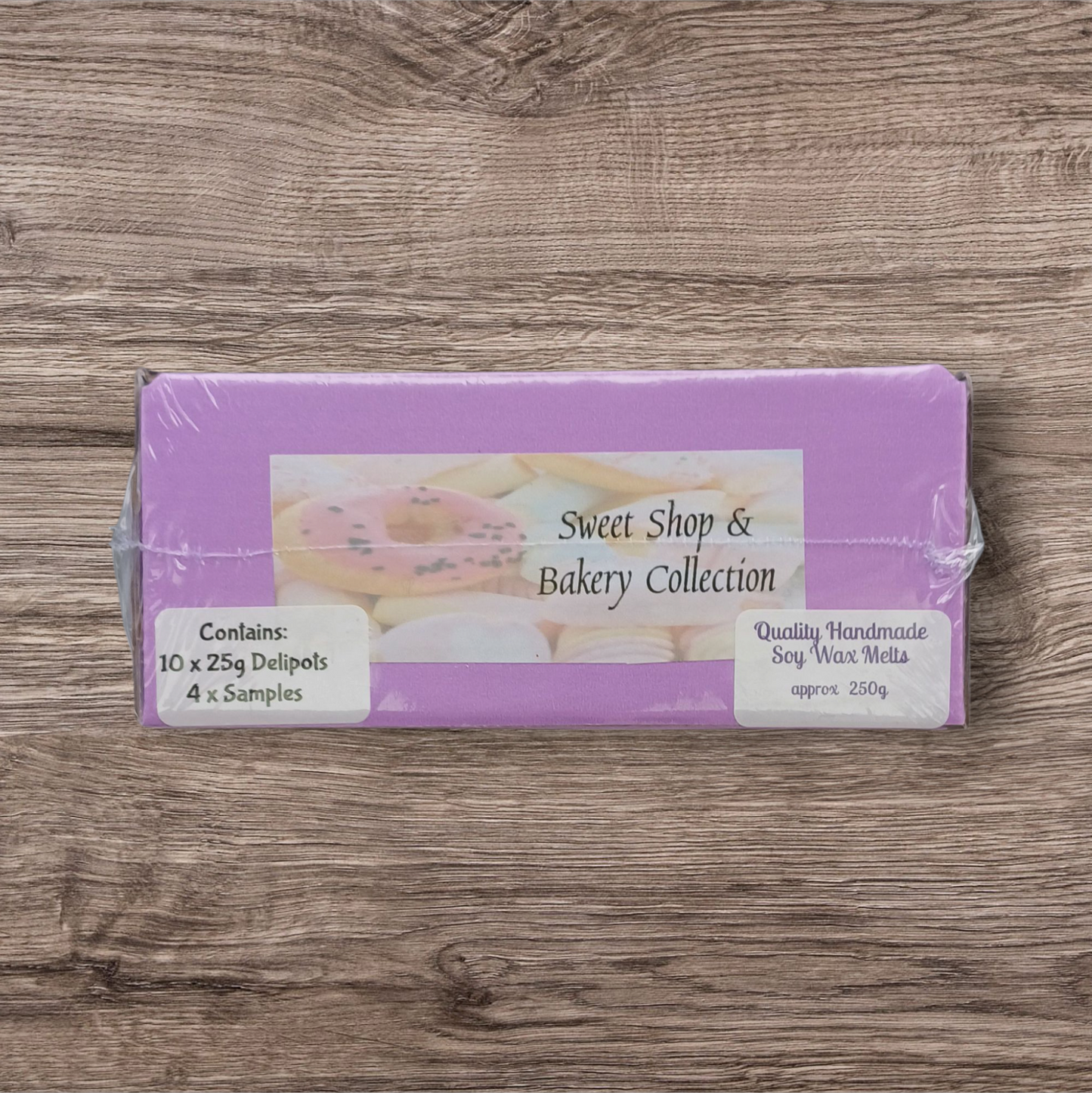 Packaged product labeled 'Sweet Shop & Bakery Collection' on a wooden surface
