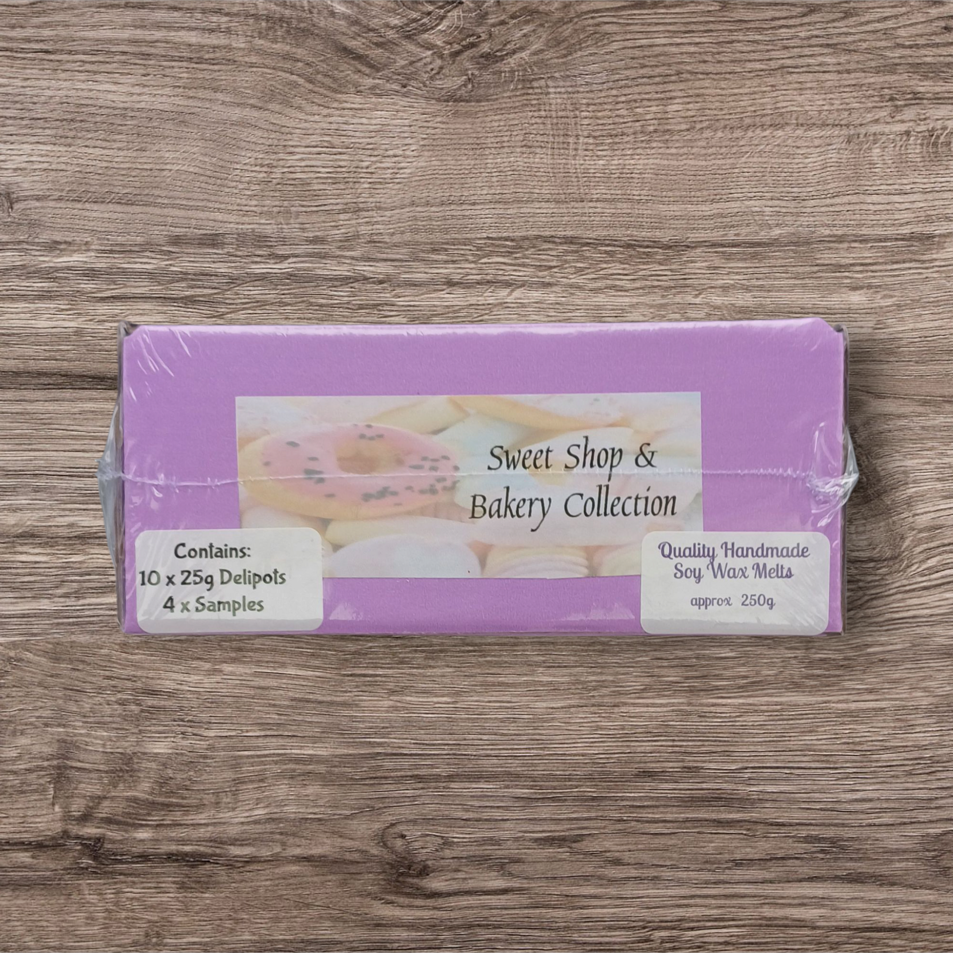 Packaged product labeled 'Sweet Shop & Bakery Collection' on a wooden surface