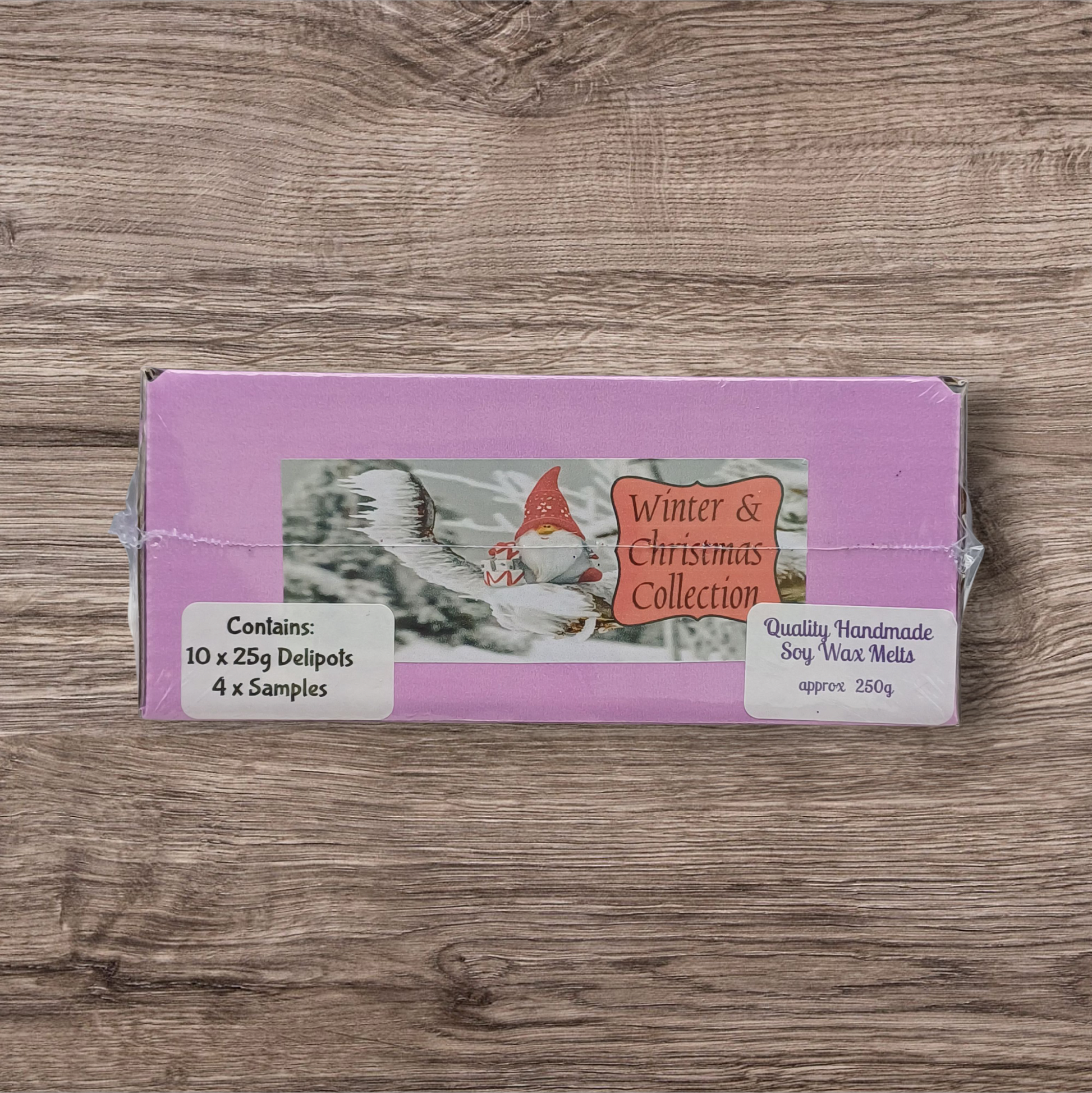 Packaged product labeled 'Winter & Christmas Collection' on a wooden surface