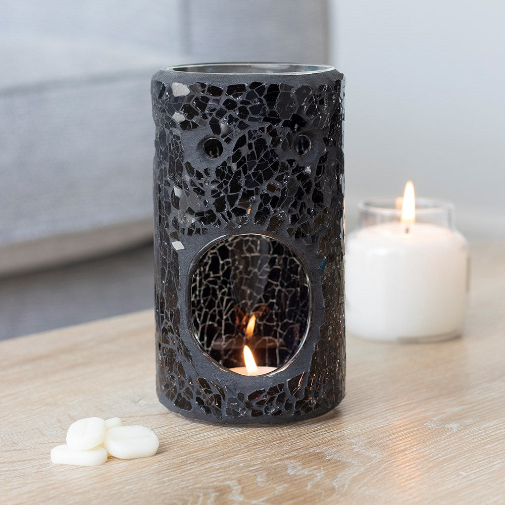 Black Mirrored Crackle Effect Ceramic Pillar Oil Burner Wax Melter