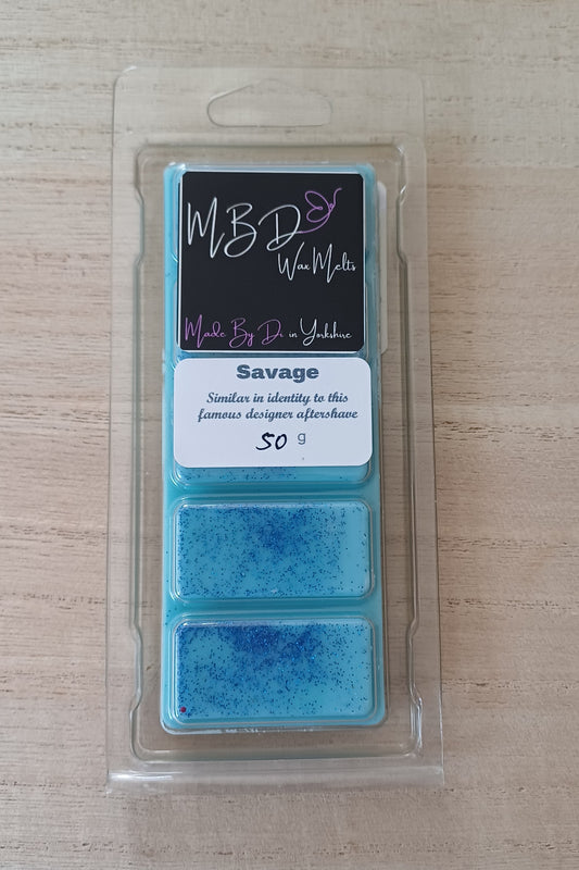 Packaged Blue wax Melt on a wooden surface