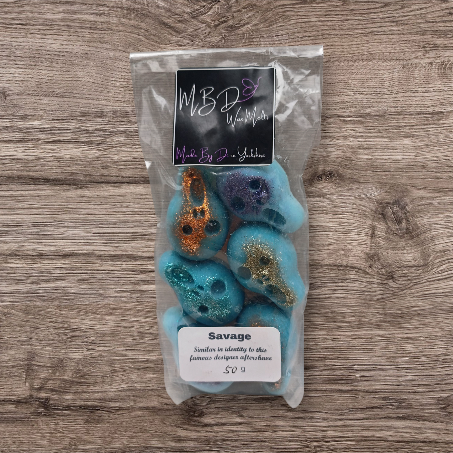 Packaged product with decorative elements on a wooden surface
