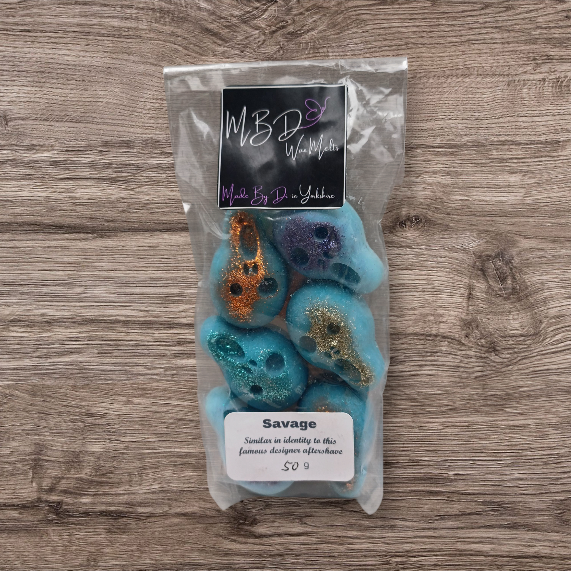 Packaged product with decorative elements on a wooden surface